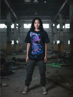 Black Graphic Tee with Neon Peacock Design